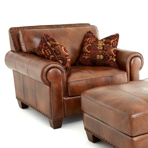 Steve Silver Silverado Leather Chair with 2 Accent Pillows - Caramel Brown | from hayneedle.com Oversized Leather Chair, Steve Silver Furniture, Chair Bedroom, Haute House, Sofa Ideas, Brown Chair, Fabric Chair, Chair And Ottoman Set, Nordic Living