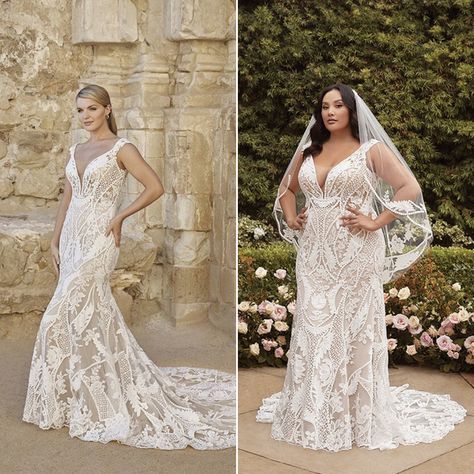 Romance and femininity is found in #Style2461 Angie, featuring a classic fit and flare silhouette that flows into a 76 inch train ⁠ ⁠ ✨ The most divine bohemian cotton lace swims in alternating floral and geometric patterns for an ultra-unique look that’ll turn heads on your wedding day ✨ This unique style has two accessory options for a separate purchase: a matching veil, and a stunning cape, both bound to up the drama between the ceremony and reception Boho Veil Bohemian Bride, Geometric Lace Wedding Dress, Boho Veil, Boho Lace Wedding Dress, Wedding Gatsby, Wedding Gown Preservation, Latest Wedding Dress, Boho Veils, Casablanca Bridal