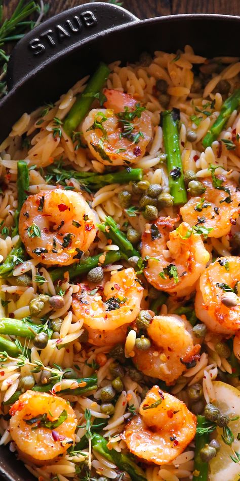 Lemon Shrimp Orzo with Asparagus and Capers - in a cast iron skillet. Shrimp And Asparagus Orzo Recipes, Lemon Shrimp Orzo With Asparagus, Shrimp And Capers Pasta, Lemon Orzo Pasta With Shrimp, Lemon Orzo Shrimp Asparagus, Shrimp Asparagus Orzo Recipes, Shrimp With Orzo Recipes, Shrimp And Orzo Recipes, Shrimp Orzo Recipes