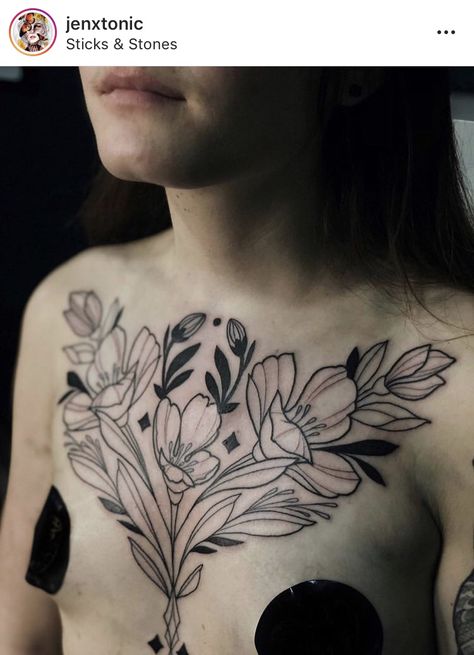 Linework Chest Tattoo, Foliage Chest Tattoo, Blackwork Chest Piece, Neo Traditional Chest Tattoo Female, Wildflower Chest Tattoo, Symmetric Chest Tattoo, Botanical Chest Tattoo, Chest Flower Tattoo Female, Full Chest Tattoo Female