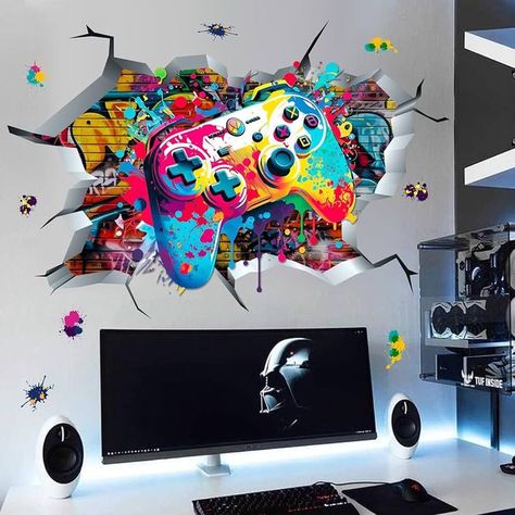 gaming room setup Teen Boy Bedroom Wallpaper, Play Station Room Interior Design, Wallpaper For Teens, Boys Gaming Bedroom Ideas, Boys Gamer Room, Gaming Room Wall Decor, Video Game Wallpaper, Cool Gaming Rooms, Playstation Room