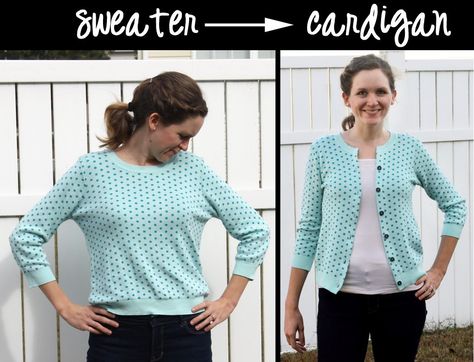 5-6-ways-to-transform-an-old-sweater-into-new-clothing Sweater Makeover, Sweater Hanging, Diy Cardigan, Sweater Refashion, Patterns Fabric, Diy Vetement, Old Sweater, Trip Outfits, Upcycled Clothing