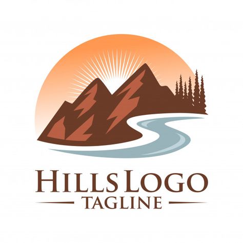 Landscape hills vector logo design | Premium Vector #Freepik #vector #logo #business #tree #travel Hills Logo Design, Valley Logo, Hill Logo, Sunset Logo, Vector Landscape, Banks Logo, Shirt Inspiration, Mountain Logos, Tree Logo