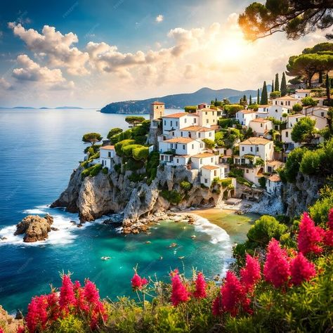 Premium AI Image | Nestled along a rocky seashore there lies a quaint Greek seaside village that epitomizes picturesqu Minecraft Base, Beach Village, Coastal Village, Seaside Village, Fantasy World, Wonders Of The World, Rocky, Minecraft, Jam