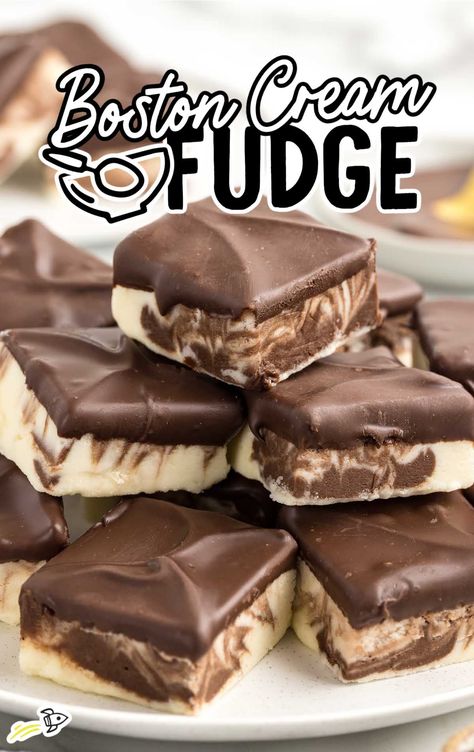 a pile of Boston Cream Fudge on a plate Boston Cream Candy Recipe, Boston Cream Bars Dessert Recipes, Creative Treats, Boston Cream Pie Fudge, Clotted Cream Fudge, Easy Fudge, Creme Drop Fudge, Easy Truffles, Hot Chocolate Fudge