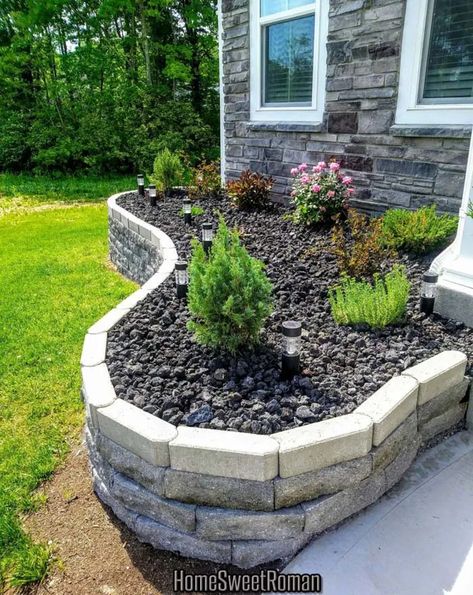 40 Best Landscaping Ideas Around Your House | Decor Home Ideas Lava Rock Landscape, Rock Flower Beds, Bed Makeover, Bed Idea, Mulch Landscaping, Raised Flower Beds, Flower Bed Designs, Landscape Rock, Garden Idea