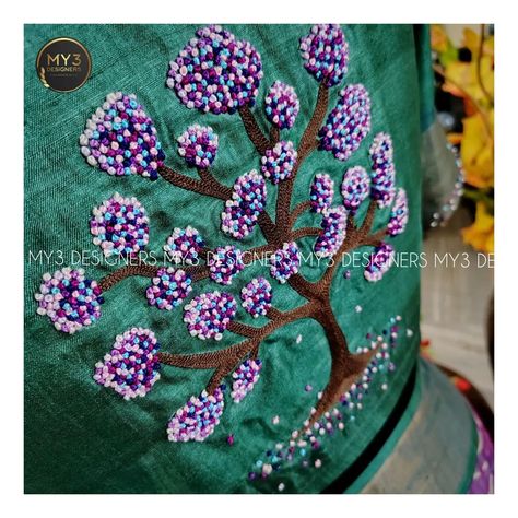 The Unique edit - A Turquoise Green 🦚 Tusser work blouse with 🪅 customised highneck, intricate knot work and lovely sleek extending knot branches for sleeves ✨ with a elegant knot tree and precise ombre affect adored with knots and thread work with 👍⭐ fine detailing and pure craftmanship🧵 👇 MODEL NO : 119 👇 Blouse can be customised✔️ in any colour and model🎀 of your choice as per your 🥻requirement. Ex: 👗Fabric, embroidery🪡 placements, neckline and tassels 💥 👇 📌 For more details 🏷️and bookin... Knot Work Embroidery Blouse, Knot Work Embroidery, Work For Blouse, Hand Work Blouse Design, Hand Work Blouse, Blouse Hand Designs, Fabric Embroidery, Turquoise Green, Thread Embroidery