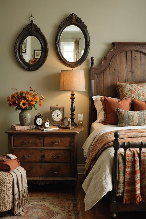 20 Fall Bedroom Decor Ideas – ToolzView Thrifted Home Decor Inspiration, French Apartment Bedroom, Oak Bedroom Ideas, Old Fashioned Bedroom, Antique Bedroom Ideas, English Bedroom, Tuscan Bedroom, Rustic Chic Bedroom, Moody Bedroom Decor