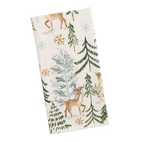 White and Green Watercolor Deer Forest Kitchen Towel - World Market Forest Christmas Decor, Snowflake Watercolor, Forest Kitchen, Forest Christmas, Forest Deer, Deer Forest, Whimsical Forest, Green Watercolor, Winter Forest