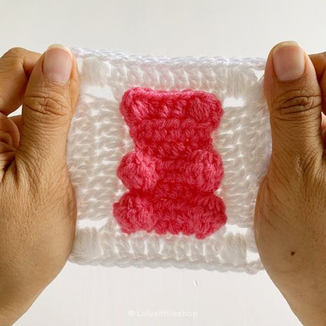 Crochet a Gummy Bear Granny Square, Pattern From Lulu’s Little Shop | KnitHacker Crochet Gummy Bear Granny Square, Spongebob Granny Square, Sanrio Granny Square, Gummy Bear Granny Square, Frog Granny Square, Bear Granny Square, Crochet Gummy Bear, Gummy Bear Keychain, Crochet Hack