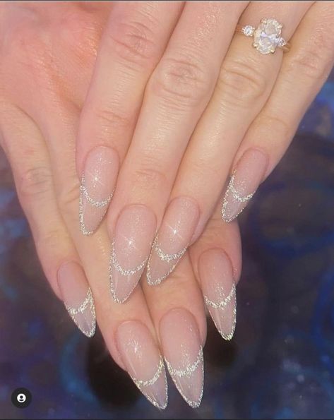 Prom Night Nails, French Nails With Line Design, Glitter Line French Tip, Clear Nail Inspiration, Silver Outline Nails, Silver Line Nails, Wedding Nails Silver, Silver Nail Ideas For Prom, Pedicure Valentines