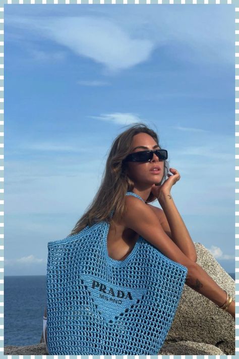 Prada Beach Bag Aesthetic, Prada Summer 2023, Prada Summer Bag, Prada Tote Bag Outfit, Prada Crochet Bag, Prada Beach Bag, Beach Bag Ideas, Prada Raffia Bag, Beach Bag Aesthetic