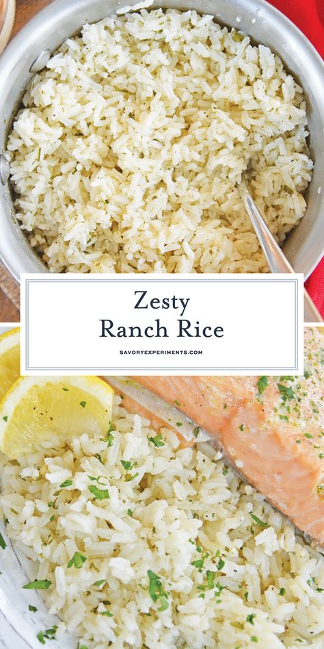 This EASY Ranch Rice recipe is a super versatile side dish that will add gentle flavor to any dinner you are serving. A great way to use a pantry staple! #ranchrice #ricerecipes #ranchricerecipe #easyricerecipes www.savoryexperiments.com Ranch Rice, Rice Recipes Side, Rice Dishes Recipes, White Rice Recipes, Rice Side Dish Recipes, Seasoned Rice Recipes, Rice Cooker Recipes, Rice Side, Rice Side Dishes