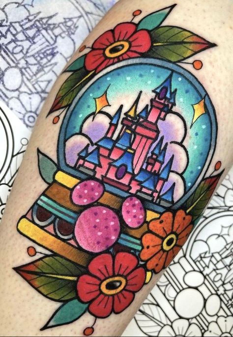 Traditional Snow Globe Tattoo, Snow Globe Tattoo, Snowglobe Tattoo, Globe Tattoo, Colorful Sleeve Tattoos, Disney Inspired Tattoos, Globe Tattoos, Globe Flower, Therapy Art