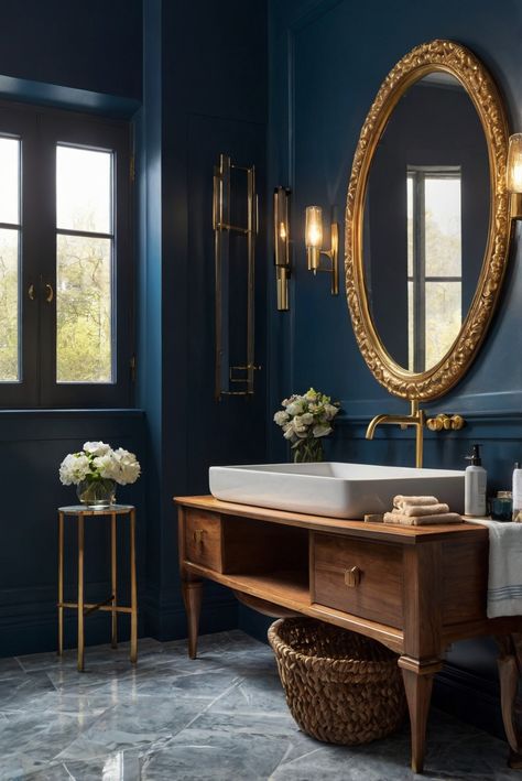 Dive into the luxurious world of interior design with Van Deusen Blue (HC-156) in this daily routine for your bathroom sanctuary. Elegance awaits! #Ad #homedecor #homedesign #bathroom #Painthome interiorarchitecture best Wall Colors for Bathroom Colors Bright Room Colors best colors combinations bathroom bathroom Remodeling Modern Paint Colors 2024 Blue Powder Bathroom, Moody Blue Bathroom Ideas, Powder Room Wall Color Ideas, Dark Blue And Gold Bathroom, Dark Blue Toilet, Blue Half Bathroom, Blue Bathroom Modern, Color Drenching Bathroom, Bright Blue Bathroom