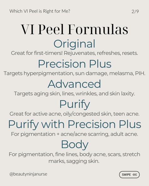 Did you know that there are six VI Peel formulas? The six uniquely formulated VI Peel treatments are designed to lift pigment, remove sun damage, alleviate acne and scarring, and fight fine lines and wrinkles. They are medium-depth peels, and safe for all skin types and tones! 1️⃣Original Great for first-timers! Rejuvenates, refreshes, resets. 2️⃣ Precision Plus Targets hyperpigmentation, sun damage, melasma, PIH. 3️⃣ Advanced Targets aging skin, lines, wrinkles, and skin laxity. 4️⃣ Pur... Honolulu Aesthetic, Aesthetic Nurse Injector, Vi Peel, Acne Scarring, Skin Care Business, Congested Skin, Uneven Skin Texture, Skin Resurfacing, Chemical Peel