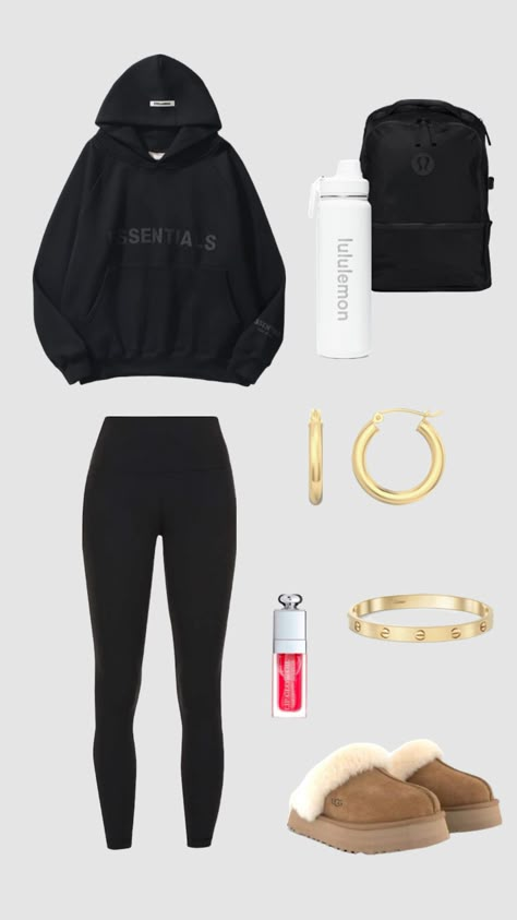 black essential hoodie outfit Essential Hoodie Outfit, Outfit Shuffles, Comfy School Outfits, Casual Sporty Outfits, Cute Outfits With Leggings, Essential Hoodie, Fitness Wear Outfits, Casual College Outfits, Trendy Outfits For Teens