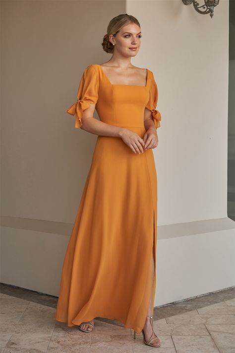 Rust Gown, Soft Skirt, Bridesmaid Dresses With Sleeves, Gowns With Sleeves, A Line Gown, Square Necklines, Couture Collection, Modest Dresses, Square Neckline