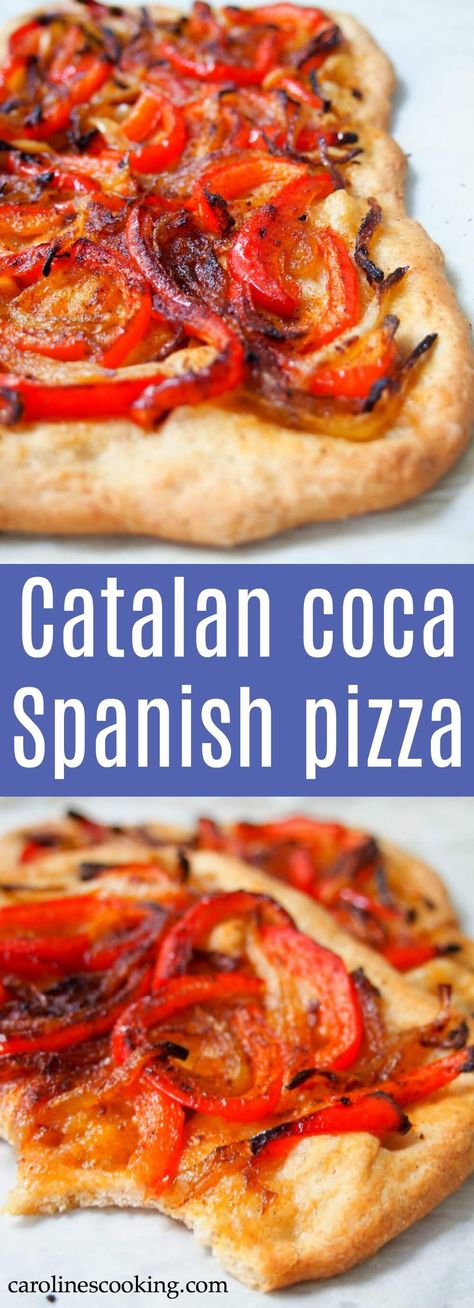 Catalan coca is a kind of a Spanish pizza or flatbread, but with some key differences - while toppings vary, most have no sauce and no cheese. But don't let that put you off, this is one delicious slice, and this simple pepper and onion version is a favorite. #Spanishfood #vegan #pizza Spanish Pizza, Delicious Pizza Recipes, Vegetarian Pizza, Pizza Recipes Homemade, Vegan Pizza, Favorite Comfort Food, Portuguese Recipes, Easy Appetizer Recipes, Good Pizza