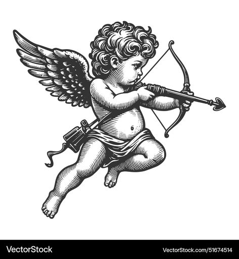 Romance Sketch, Cherub Art, Cupid Tattoo, Traditional Black Tattoo, Hyper Realistic Tattoo, Medieval Tattoo, Back Piece Tattoo, Religious Tattoos, Character Vector