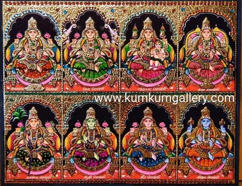 Ashtalakshmi Tanjore painting made with pure 22carat gold foil and semi precious stones on 18x24 inches Ashtalakshmi is right forms of Lakshmi -the Goddess of wealth  DM for orders/Whatsapp 9916082267/shop online www.kumkumgallery.com Ashta Lakshmi, Thanjavur Painting, Painting Beginners, Lipan Art, Goddess Of Wealth, Tanjore Paintings, God Photos, Lakshmi Devi, Tanjore Painting