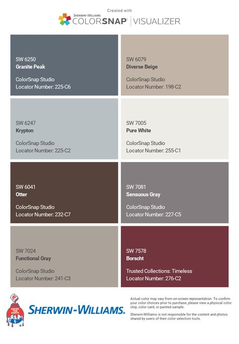 I just created this color palette with the Sherwin-Williams ColorSnap® Visualizer app on my Android phone. What do you think? You can learn more about ColorSnap Visualizer and get it on your phone free by visiting https://www.sherwin-williams.com/content/colorsnap.html. Beige Color Scheme, Modern Mountain Home, Interior Color Schemes, Color Board, Modern Mountain, Cabin Design, Colour Board, Modern Furniture Living Room, Sherwin Williams