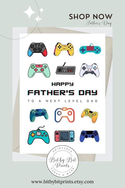 Printable Happy Father's Day Video Game Controller Card, Gamer Card for Dad, Happy Father's Day Gamer Dad Gift, Next Level Dad Card - Instant Download. You'll receive a printable high resolution PDF file to print one folding 5"x7" card. Prints card one per page. Crop marks are provided for trimming. Cards fit standard A7 envelope. This is a listing for an instant download. You'll receive a digital file, no physical items will be sent. Happy Father's Day Video, Video Game Birthday Card, Happy Birthday Gamer, Father's Day Video, Kids Fathers Day Crafts, Dad Printable, Video Game Birthday, Gamer Party, Day Video