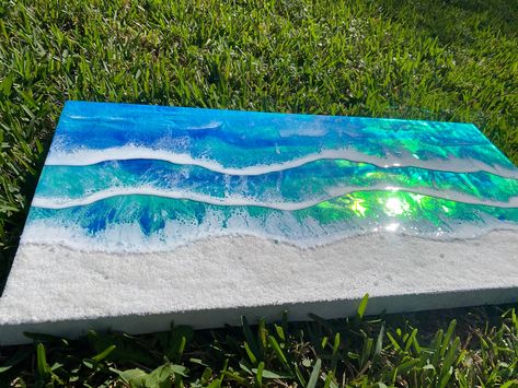 Ocean Art Resin, Panorama Painting, Epoxy Resin Beach Art, Resin Ocean Art, Resin Art Waves, Resin Ocean Effect, Sunset Ocean Resin Art, Beach Resin, Painting Resin