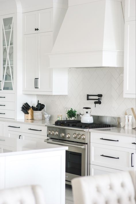 Cambria Ella, White Kitchen Inspiration, Shaker Style Cabinet Doors, Cambria Countertops, Herringbone Backsplash, Matte Black Hardware, White Kitchens, Open Concept Kitchen, White Kitchen Cabinets