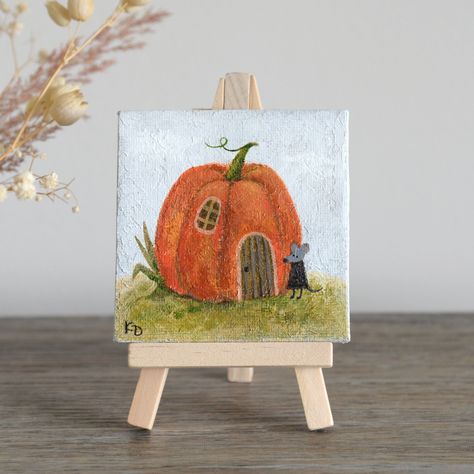 Fall painting-Original painting on canvas-Pumpkin cottage painting-Fall Decor Art-Thanksgiving Decor-Fall Pumpkin-Autumn Decor-Cottage Decor "Pumpkin cottage" - Original hand painted acrylic painting on canvas. * Measures about 3" x 3" x 5/16". ★ Painting comes with a tiny wooden easel ★ * Colors of the painting may vary slightly depending on the settings of your monitor. ♥ Handmade with love ♥ Pumpkin Cottage, Halloween Canvas Art, Art Thanksgiving, Fall Canvas Painting, Fall Decor Diy Crafts, Fall Art Projects, Cottage Painting, Homemade Halloween Decorations, Fall Canvas