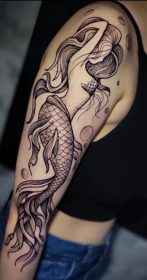 Mermaid Calf Tattoo, Colorful Mermaid Tattoo, Pinup Mermaid Tattoo, Mermaid Scales Tattoo, Mermaid Sleeve Tattoos, Minimal Tattoo Designs, Siren Tattoo, Minimal Tattoo Ideas, Mangas Tattoo