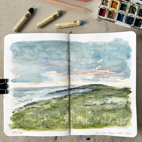 I’ve edited this sketchbook spread into a file to possibly be made into a print. Even though my landscapes are not my number one sellers, hopefully the right people will see this Newfoundland landscape and it’ll speak to them! #sketchbookart #mixedmedia #watercolour #newfoundland #eastcoast Sennelier Oil Pastels, Travel Sketchbook, Oil Pastel Paintings, Pencil Crayon, Oil Pastels, Again And Again, Pastel Painting, Newfoundland, Oil Pastel