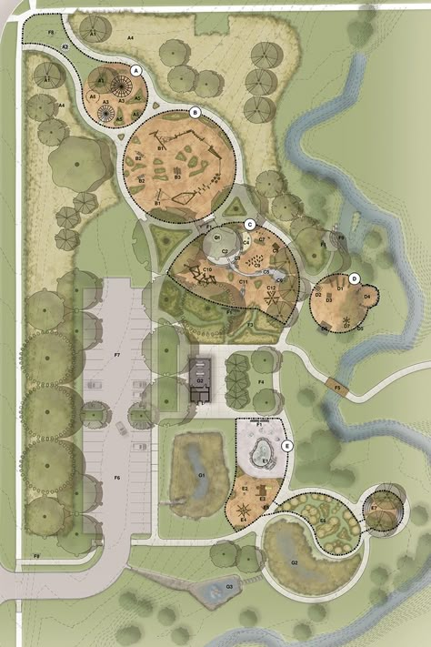 Nature Playground Design, Park Layout Landscape, Playground Masterplan, Natural Park Design, Park Plan Landscape, Park Design Plan, Playground Layout, Playground Floor Plan, Sand Playground