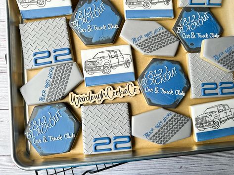 Happy 22nd Birthday to Tyler, the driving force behind the 812 Blackout Car & Truck Club! 🚗🎂 These cookies are as sweet as the rides you lead. Here’s to more miles and memories! • Decorated cookies don’t always have to be “girly” and that’s one of the many beauties of custom cookies! Tyler drives a FordF-150 and loves a good burnout! He also has lead and continues to lead rides in and around Bloomington in honor of special causes! His club allows for all truck and car lovers to have a safe pl... Happy 22nd Birthday, Car Cookies, 22nd Birthday, Driving Force, Birthday Cookies, Royal Icing Cookies, Custom Cookies, Decorated Cookies, Car Lover