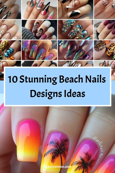 Collage of vibrant beach-themed nail designs with a text overlay saying "10 Stunning Beach Nails Designs Ideas". Tropical Pink Nails, Island Nails Designs, Beach Nails Designs, Colorful Seashells, Island Nails, Tropical Nail Designs, Hawaii Nails, Nails Designs Ideas, Beach Nail Designs