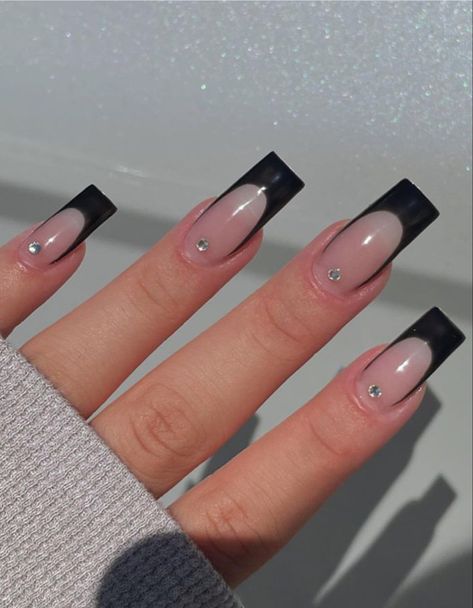 Black Matt French Tip Nails, Black French Nails Rhinestones, Black French Top With Gems, Black French Tip Nails Short Coffin, Fancy Black Nails With Gems, Black French Tip Nails With Rine Stones, Black French Tip Gems, Black French With Diamonds, Black French Tip Nails Charms