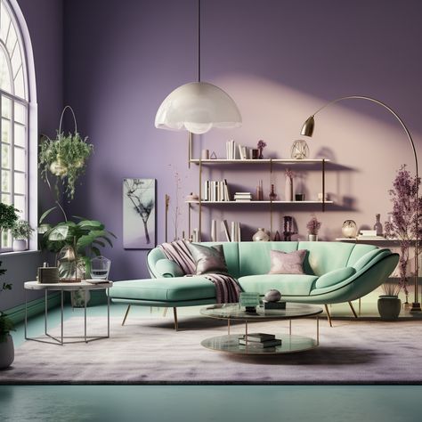 Purple And Green Living Room, Collective Healing, Lavender Living Room, Purple Interior Design, Green Walls Living Room, Lavender Room, Pastel Interior, Lounge Interiors, Green Interior Design