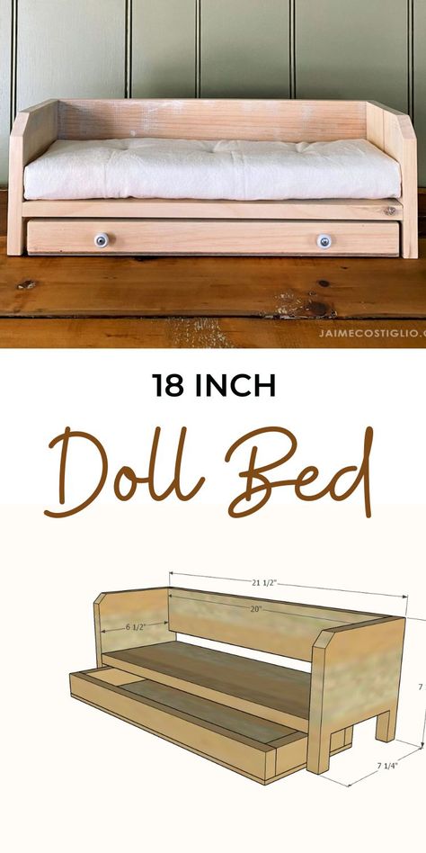 How To Make A Doll Bed, Diy Doll Bed Wood, American Doll Furniture Diy, American Girl Doll Furniture Diy, Diy American Girl Doll Furniture, Diy American Girl Doll Stuff, Diy Baby Doll Bed, Diy Doll Bunk Bed, Diy Doll Bed