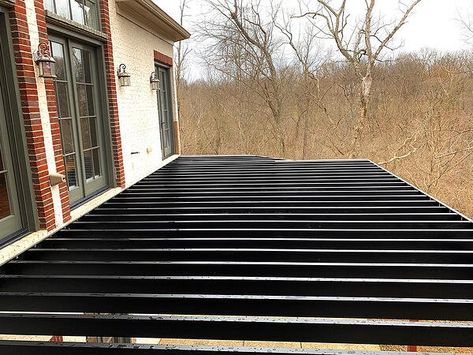 Metal Deck Framing, Lakehouse Deck, Railing Deck Ideas, Steel Deck Framing, Sustainable Backyard, House Framing, Fence Railing, Concrete Backyard, Garden Cabin