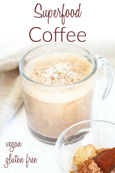 Give yourself a boost of nutrients with this Superfood Coffee. Made with cacao powder, mushroom powder, maca powder, and spices. Wholefood Plantbased, Superfood Coffee, Vegan Oil Free, Bulletproof Coffee Recipe, Smoothies Vegan, Maca Powder, Coconut Coffee, Mushroom Powder, Coffee Benefits