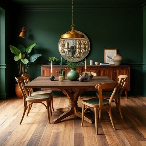 Dark Green and Wood Harmony 2 | It's The Decor Dark Green Living Dining Room, Dining Room Green Walls, Dark Green Dining Room, Emerald Green Dining Room, Moody Dining Room Ideas, Moody Dining Room, Moody Green, Brown Dining Room, Green Dining Room