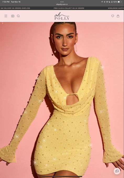 Mesh Long Sleeve Bodycon Dress, Plunge Mini Dress, Oh Polly Dresses, Long Sleeve Sheath Dress, Yellow Mini Dress, Sleeve Bodycon Dress, Oh Polly, Night Out Dress, Bday Ideas