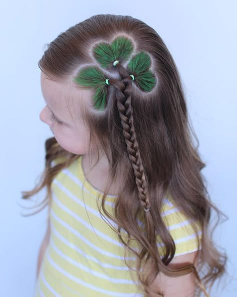 Cute Flower Hairstyles, Shamrock Hairstyle For Kids, St Patrick’s Day Hair Kids, St Patricks Day Hairstyles For Kids, St Patrick’s Day Hairstyles, St Patrick’s Day Hair, St Patricks Day Hairstyles, Hair Chalk Ideas, Green Colour Hair