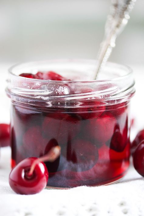 Preserving cherries in syrup is easy and it allows you to make the most of the short cherry season. #whereismyspoon #cherriesinsyrup #syrupcherries #sweetcherries #cherryrecipes #preservingcherries #cannedcherries Drunken Cherries Recipe, Drunken Cherries, Cherry Amaretto, Food Justice, Cherry Preserves, Tart Cherries, Italian Cocktails, Cherry Cocktail, Cherry Season