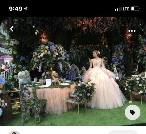 Fairy Theme Debut Party Ideas, Cottagecore Debut Theme, Forest Quinceanera Dresses, Enchanted Forest Theme Debut, Pink Enchanted Forest Quinceanera, Fairytale Debut Theme, Enchanted Forest Quinceanera Dresses, Fairy Debut Theme, Fairy Garden Quinceanera Theme