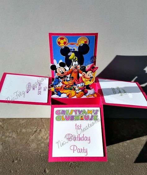 Mickey Mouse Clubhouse Box Card Invitation, Mickey Mouse, Minnie Mouse, Tootles, Meeska, Unique Invitation, Pop Up, Birthday, Party, Invites Mickey Minnie Birthday Party, Surprise Disney Trip, Disney Trip Reveal, Disney Card, Disney Trip Surprise, Disney Reveal, Disney Surprise, Mickey Mouse Invitations, Birthday Party Invites