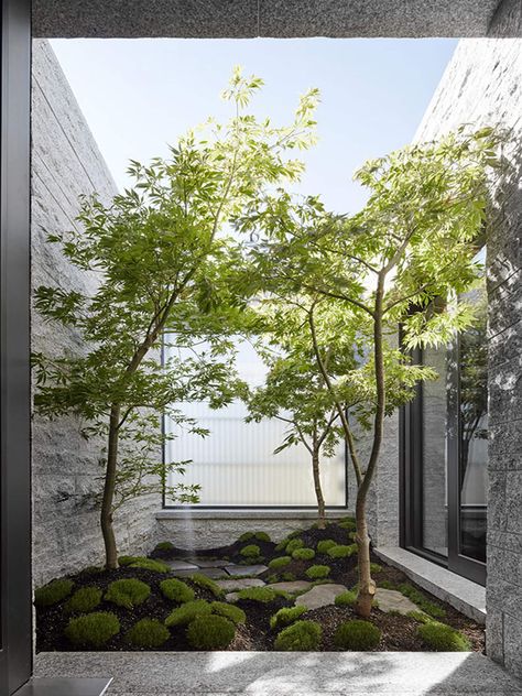 Get the Look: Raw Aesthetic Japanese Courtyard, Natural Stone Bathroom, Indoor Courtyard, Courtyard Landscaping, Courtyard Design, Japanese Garden Design, Internal Courtyard, Patio Interior, Interior Garden