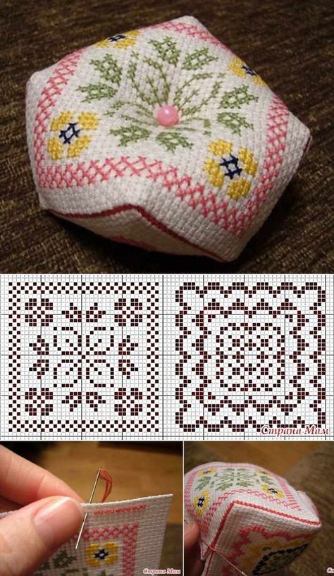 Cross Stitch Pin Cushion Free Pattern, Mini Biscornu Patterns, Cross Stitch Biscornu Pattern, Dimensions Cross Stitch, Biscornu Cross Stitch, Blackwork Cross Stitch, Cross Stitch Tree, Cross Stitch Christmas Ornaments, Cross Stitch Needles