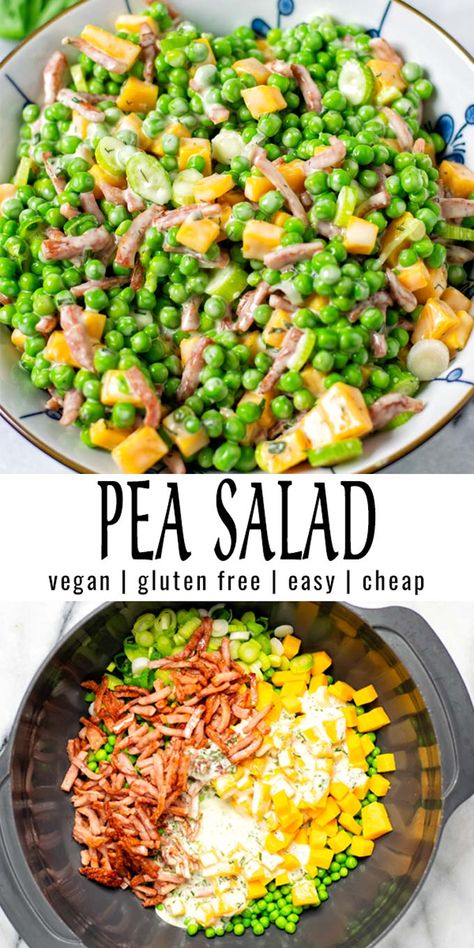 So easy and delicious: this Pea Salad comes together in under 20 minutes and is great for everyone that won't touch a salad. It is satisfying, delicious, comforting and you never know it is vegan. All covered in the most amazing ranch dressing. #vegan #dairyfree #vegetarian #contentednesscooking #dinner #lunch #mealprep #peasalad Ic Diet, Pea Salad Recipes, Clean Eating Vegan, Beet Salad Recipes, Vegan Potato Salads, Eating Vegan, Vegan Party, Vegan Bacon, Healthy Comfort