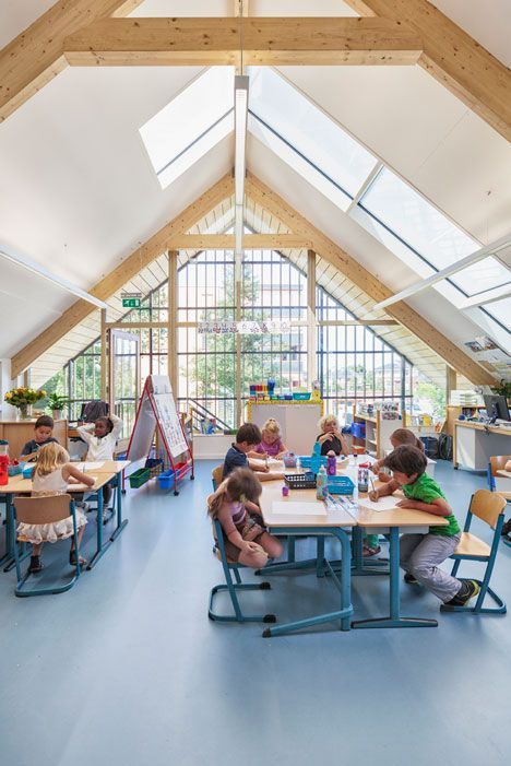 dezeen_Early Childhood Center Wassenaar by Kraaijvanger_4 Classroom Architecture, Classroom Interior, Daycare Design, Early Childhood Centre, Kindergarten Design, School Interior, American School, Multipurpose Room, Education Architecture